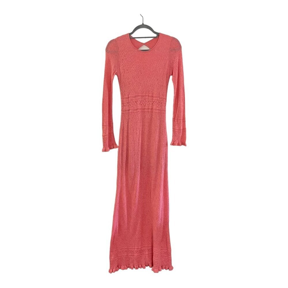 Fernanda Lago Coral Long Sleeve Open Knit Maxi Dress Lace Size S Romantic